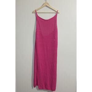 Crochet Knit Long Spaghetti Straps Fuchsia Pink Bathing Suit Coverup Size L/XL